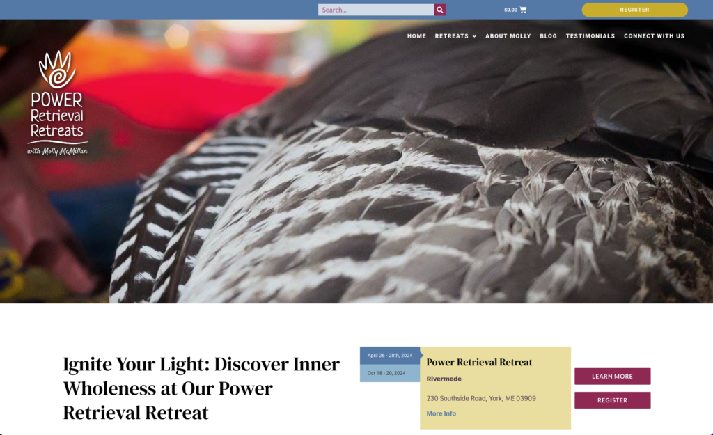 Home page screen shot of Power Retrieval Retreats Website